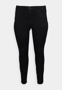 Jeans skinny negros confeccionados en una mezcla de algodón, con cremallera, cierre de botón y diseño de cinco bolsillos. Textura suave, silueta ajustada.