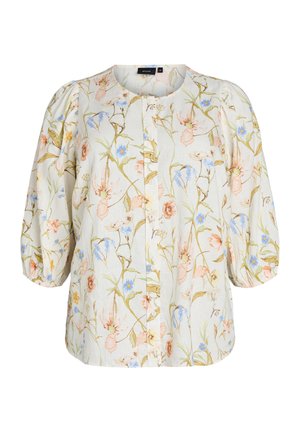 Witte blouse met pastel bloemenprint, ronde hals, knoopsluiting aan de voorkant en geplooide driekwart mouwen met elastische boorden.