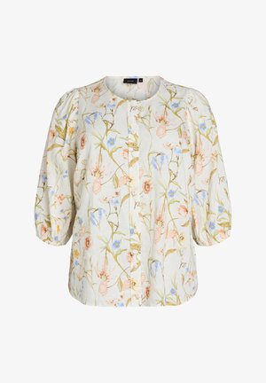 Witte blouse met pastel bloemenprint, ronde hals, knoopsluiting aan de voorkant en geplooide driekwart mouwen met elastische boorden.