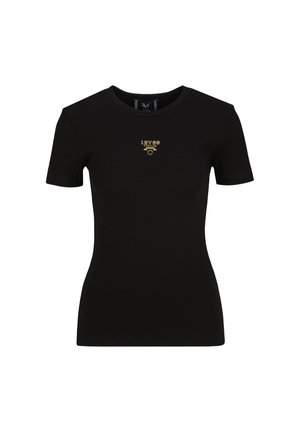 Schwarzes eng anliegendes T-Shirt mit kurzen Ärmeln, rundem Ausschnitt und kleinem goldenem "19V69 Italia"-Logo zentriert auf der Brust.
