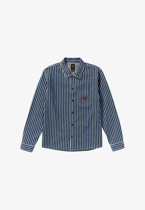 Blau-weißer Streifenhemd aus Denim mit spitzem Kragen, Knopfverschluss und einer Brusttasche mit einem Leder-Patch.