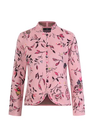 Roze bloemenpatroon jas met een ronde halslijn, lange mouwen en knoopsluitingen aan de voorkant. Bevat uiteenlopende bladeren- en bloemontwerpen.