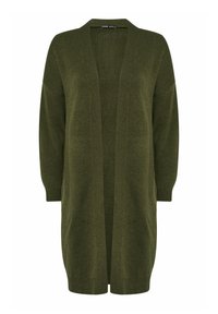 Lång olivgrön stickad öppen cardigan med sänkt axel och ribbade manschetter och fåll.