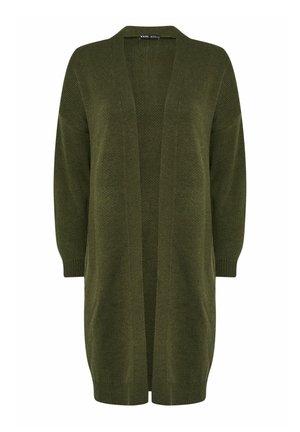 Cardigan aperto della lunghezza di un oliva verde lavorato a maglia, con spalle scese e polsini e orlo a costine.