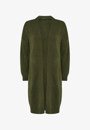 Langer olivgrüner gestrickter Kardigan mit offenem Vorderteil, hängenden Schultern sowie gerippten Bündchen und Saum.