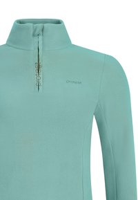 Maglione in pile azzurro-verde chiaro con cerniera a quarti e logo "protest" sul petto e sulla patta della cerniera.