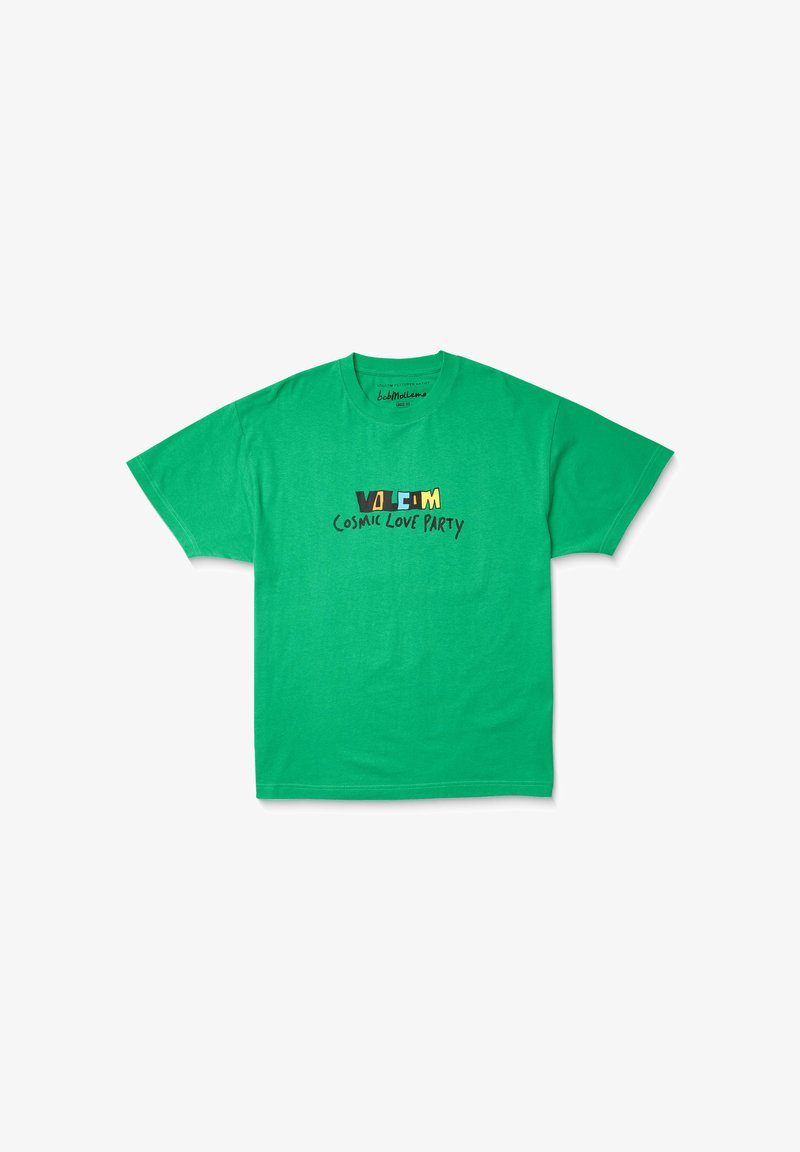 Green cotton T-shirt with short sleeves. Features "COSMIC LOVE PARTY" in multicolored block letters on the front. Classic crew neck design.