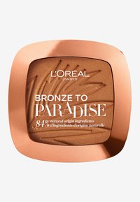 Compact de bronzer avec un boîtier couleur cuivre, présentant une poudre bronzante texturée et un texte blanc indiquant "L’Oréal PARIS BRONZE TO PARADISE."