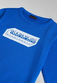 Felpa blu con scollo rotondo, polsini a coste e un logo rettangolare bianco con la scritta "NAPAPURI geographic". Texture liscia.