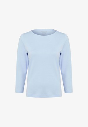 Hellblaues langärmliges Oberteil aus weicher Baumwolle, mit rundem Ausschnitt und geradem Saum, in lockerer Passform. Ohne Muster oder Verzierungen.