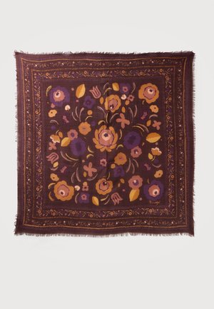 Quadratischer dunkelvioletter Schal mit orange- und pinkfarbenen Blumenmustern und einem dekorativen Rand mit kleinen Blättern und Blumen.