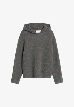 Gray hooded sweater made of soft, textured fabric. Features a loose fit and long sleeves, with a subtle, minimalistic design.