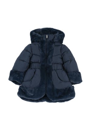 Manteau matelassé bleu marine pour enfants avec capuche, fermeture éclair devant, taille élastique, bordure en fausse fourrure sur la capuche, les poignets et l’ourlet.