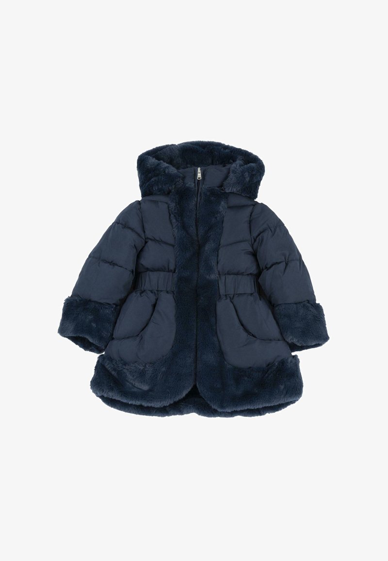 Manteau matelassé bleu marine pour enfants avec capuche, fermeture éclair devant, taille élastique, bordure en fausse fourrure sur la capuche, les poignets et l’ourlet.