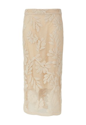 Lace midi skirt in cream with a floral pattern. Features a fitted silhouette and an elastic waistband. Textured mesh design throughout.