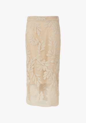Gonna midi in pizzo crema con motivo floreale. Presenta una silhouette aderente e una vita elastica. Design in rete testurizzata in tutto il capo.