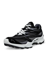 Black and gray athletic shoe with mesh and suede upper, white laces, cushioned white sole, and textured black outsole.