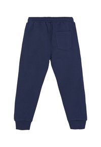 Marineblaue Jogginghose mit elastischem Bund, gerippten Bündchen und einer einzelnen Gesäßtasche. Hergestellt aus weichem Baumwollmaterial.