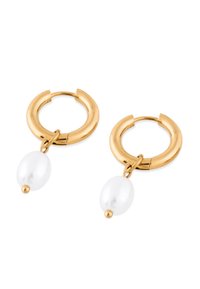 Cercei de tip cerc din aur cu finisaj lustruit, având câte o picătură de perlă albă suspendată din fiecare cerc. Circulari, cu textură netedă.