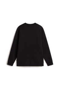 Felpa nera con maniche lunghe, scollo rotondo e polsini a costine. Il materiale sembra morbido; design semplice senza motivi o loghi visibili.
