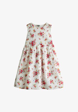 Valkoinen hihaton tyttöjen mekko, jossa on vaaleanpunainen, punainen, keltainen ja sininen kukkakuosi ja napit olkahihnoissa.
