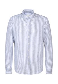 Camicia in lino con bottoni, caratterizzata da righe verticali blu e bianche, maniche lunghe e un colletto classico con dettagli in bottoni.