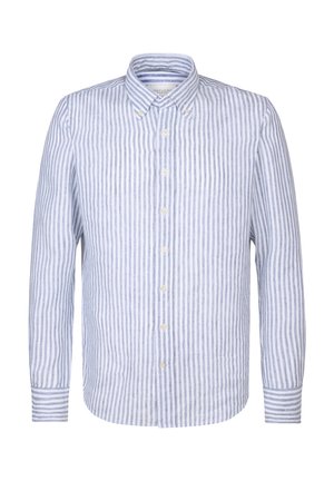 Leinenhemd mit Knöpfen, das vertikale blau-weiße Streifen aufweist, lange Ärmel hat und einen klassischen Kragen mit Knopfdetails besitzt.