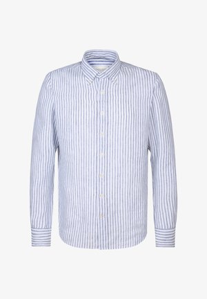 Linnen overhemd met knopen, featuring verticale blauwe en witte strepen, lange mouwen en een klassieke kraag met knoopdetails.