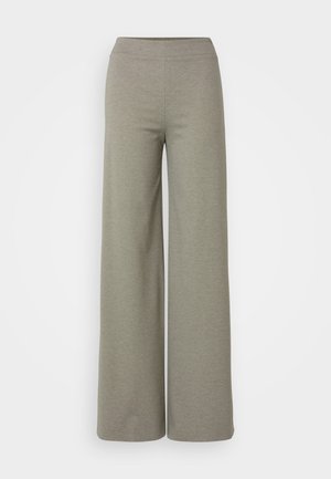 Pantaloni a gamba larga in materiale grigio chiaro, con vita elasticizzata e superficie liscia, senza motivi o accessori visibili.