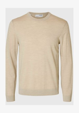 Suéter de manga larga beige hecho de suave tejido de punto con un escote redondo, puños y dobladillo de canalé, que presenta una textura sutil.