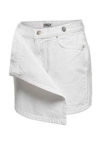 Mini-jupe en denim blanc avec devant cache-cœur asymétrique, fermetures par boutons argentés et poches avant, avec étiquette « ONLY » à l’intérieur de la ceinture.