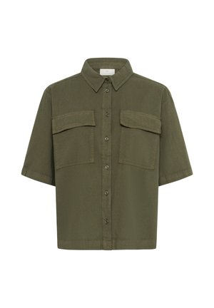 Olivgrünes Kurzarm-Hemds mit Knöpfen, zwei vorderen Klappentaschen und spitzem Kragen.