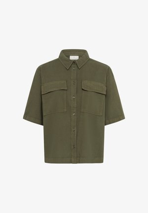 Olivgrünes Kurzarm-Hemds mit Knöpfen, zwei vorderen Klappentaschen und spitzem Kragen.
