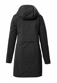 Parka negra impermeable con capucha, que cuenta con una cintura ajustada y una parte trasera alargada. Tejido suave, mangas largas y agujeros para los pulgares en los puños.
