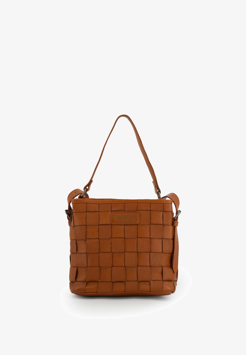 Woven brown leather shoulder bag with a rectangular shape, adjustable strap, and a textured finish. Features a logo on the front.