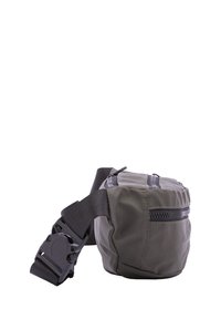 Marsupio in tessuto grigio, resistente, con forma arrotondata, tasca frontale con zip e tracolla regolabile per una vestibilità sicura.