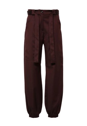 Pantaloni marroni a vestibilità comoda con vita alta e cinturino, tasche laterali e polsini elasticizzati alla caviglia. Tessuto liscio con un design strutturato.