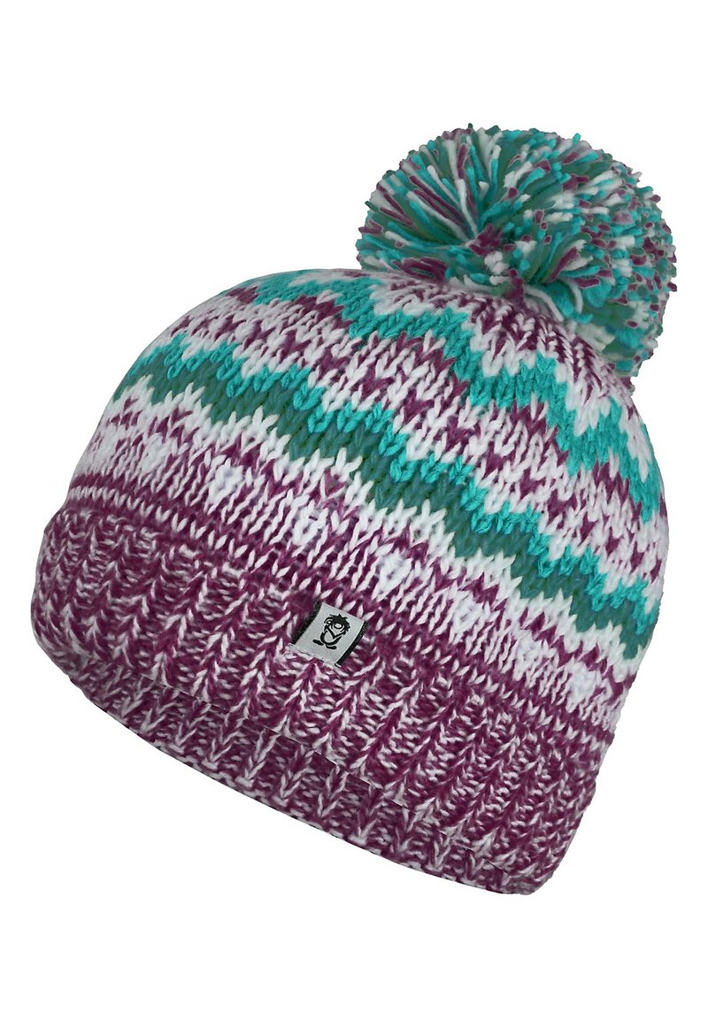 Knit beanie in purple, white, and turquoise with a pom-pom on top. Features a zigzag pattern and a small logo tag on the brim.