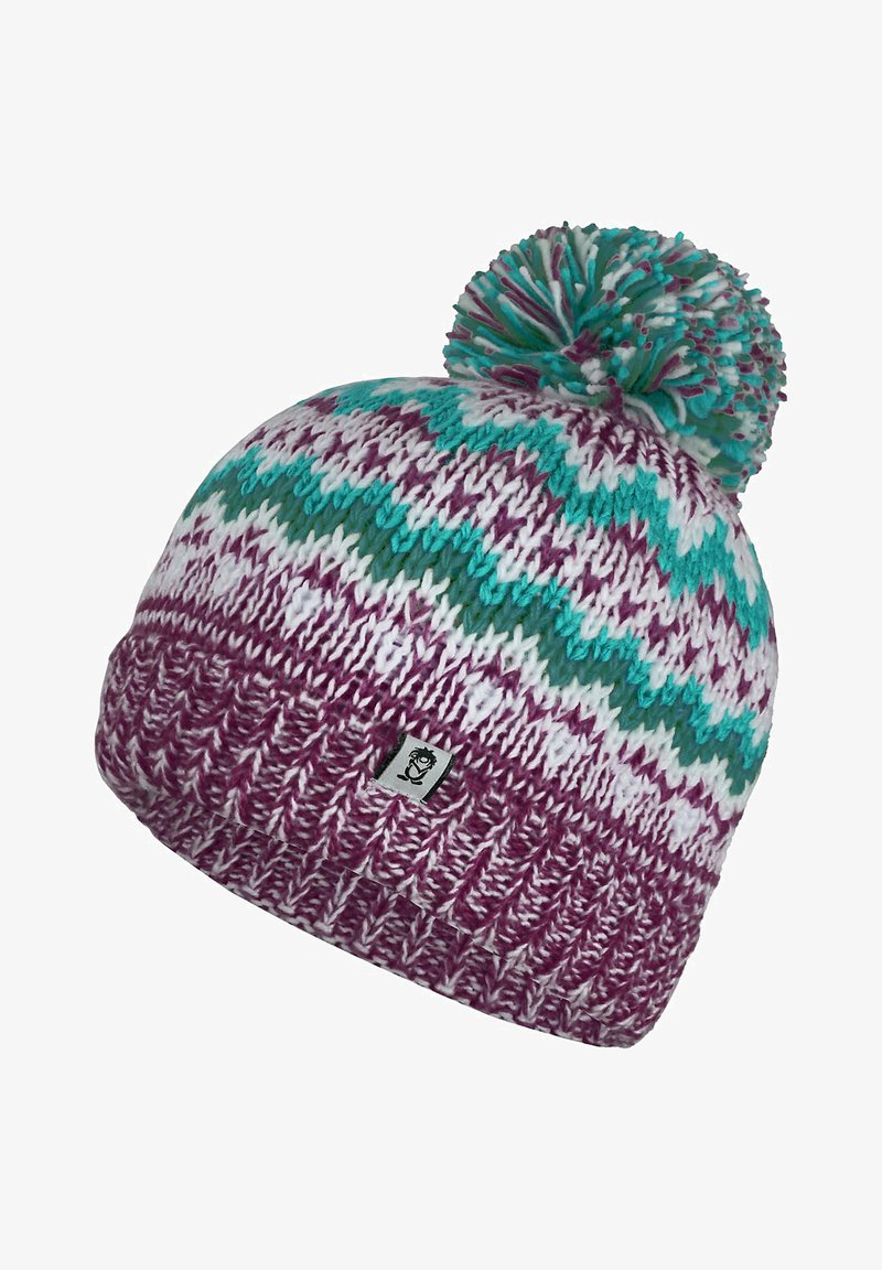 Knit beanie in purple, white, and turquoise with a pom-pom on top. Features a zigzag pattern and a small logo tag on the brim.