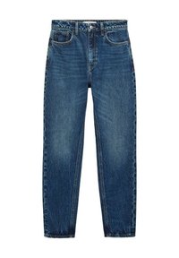 Jean en denim bleu taille haute avec un lavage clair, cinq poches et des coutures contrastantes. Dispose d'une fermeture à bouton et braguette zippée.
