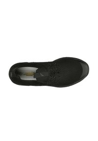 Black slip-on athletic shoe with a breathable knit upper, textured surface, small perforations, and a reinforced rubber toe cap.