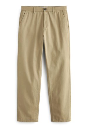 Beige byxor i bomullsblandning, med knäppning, två framfickor och raka ben med minimal textur.