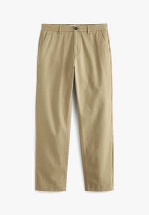 Beige bukser lavet af en bomuldsblanding, med knaplukning, to forlommer og lige ben med minimal tekstur.