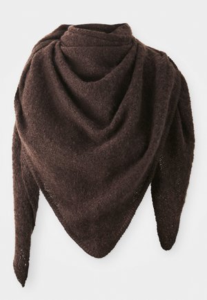 Brauner dreieckiger Schal aus strukturiertem Material, mit einer weichen, flauschigen Oberfläche, fransigen Kanten und einem lockeren, drapierten Design.