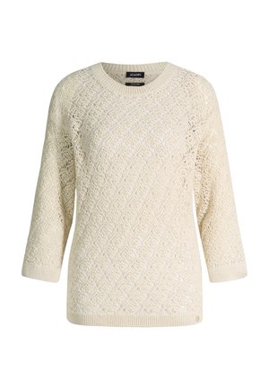 Roomkleurige trui met opengebreid patroon, driekwartmouwen en geribde halslijn, manchetten en zoom.
