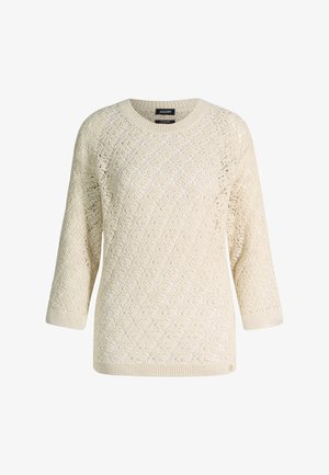 Maglione color crema a maglia aperta con maniche a tre quarti e scollo, polsini e orlo a coste.