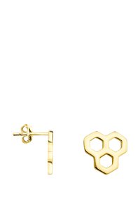 Orecchini a perno in tono oro caratterizzati da un motivo esagonale, uno con un design geometrico e l'altro con una forma circolare liscia.