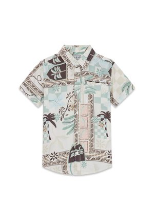 Camisa de manga corta con botones y cuello, con un estampado geométrico y tropical en tonos pastel con palmeras y motivos florales.