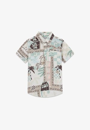 Camisa de manga corta con botones y cuello, con un estampado geométrico y tropical en tonos pastel con palmeras y motivos florales.