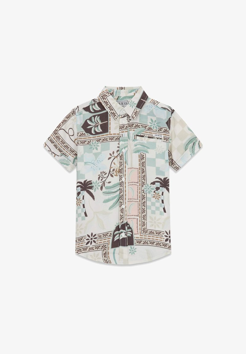 Chemise boutonnée à manches courtes avec col, présentant un imprimé géométrique et tropical pastel avec des palmiers et des motifs floraux.
